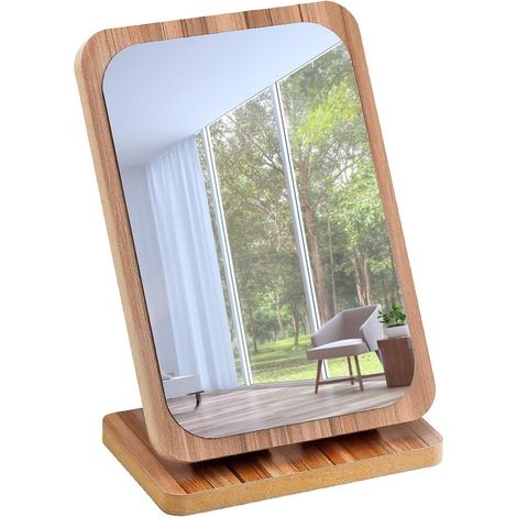 Miroir de maquillage en bois, miroir de table en bois, miroir de bureau portable, miroir cosmétique avec cadre en bois, rectangle (1/5)