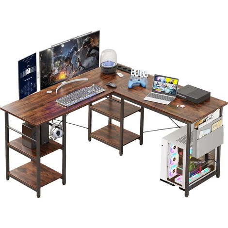Bureau d’angle L style industriel – Hauteur réglable – Avec rangements et prise intégrée (1/5)