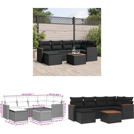 7-tlg. Garten-Sofagarnitur mit Kissen Schwarz Poly Rattan - Gartenmöbel Set - Gartensorte - Outdoor Möbel - Lounge Sofa - Esstisch - Home & Living (1/3)