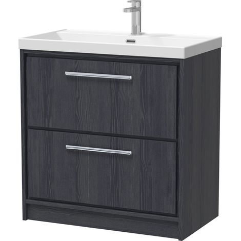Longnor 2 Drawer Floor Standing Vanity Unit with 1 Tap Hole Thin Edge Basin, Woodgrain Graphite Grey, 800mm (1/4)