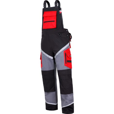 Latzhose, SCHWARZ-GRAU-ROT, 100 % Baumwolle, reflektierend, Größe L, CE-Kennzeichnung, lahti