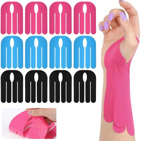 Bandes de kinésiologie pour poignet - 12 bandes élastiques prédécoupées, imperméables et respirantes pour le soutien musculaire (noir, bleu, rose) (1/5)
