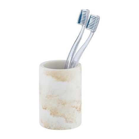 Porte Brosse à dent Odos WENKO, Gobelet Salle de Bain, Polyrésine effet marbre doré, 8 x 10 cm, Blanc - doré (1/5)