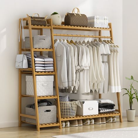 130cm Natural Bamboo Bedroom Garment Clothes Rack (1/3)