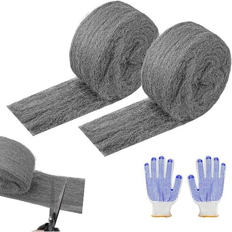 2 Rolls of Steel Wool 3 m Fine Polishing Steel Wool Anti-Rodent with Gloves for Sealing Gaps Cleaning, Polishing (1/5)