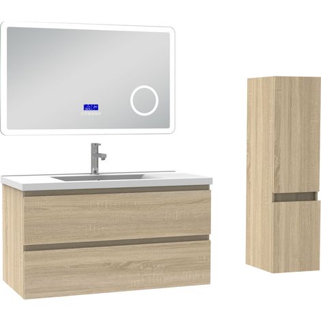 Ocean ensemble meuble 100 cm Chêne Wotan avec 2 tiroirs à fermeture automatique, lavabo céramique + miroir salle de bain Bluetooth tricolore + colonne, suspendu