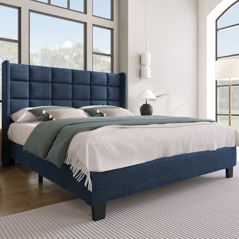 MEUBLIV Cama 140x200 cm azul con cabecero y somier de láminas, sin colchón (1/5)
