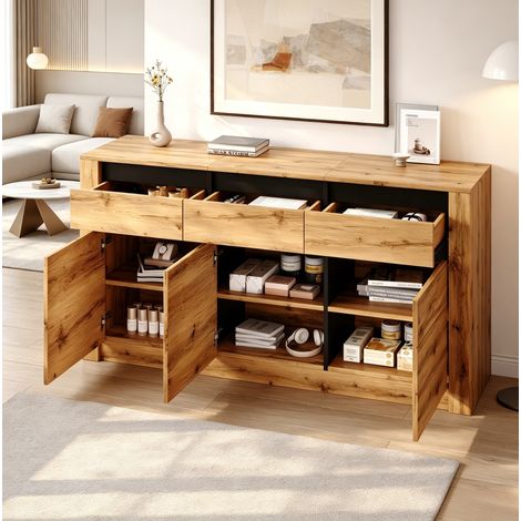 Credenza 140 x 35 x 70 cm in truciolato, colore legno naturale, 3 cassetti HAVRYA (1/5)