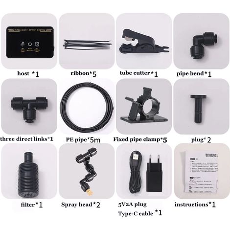 (Tuyau d'arrosage de 5 mètres, 2 buses) Système de brumisation Rainforest, minuterie automatique, humidificateur pour reptiles. (1/5)