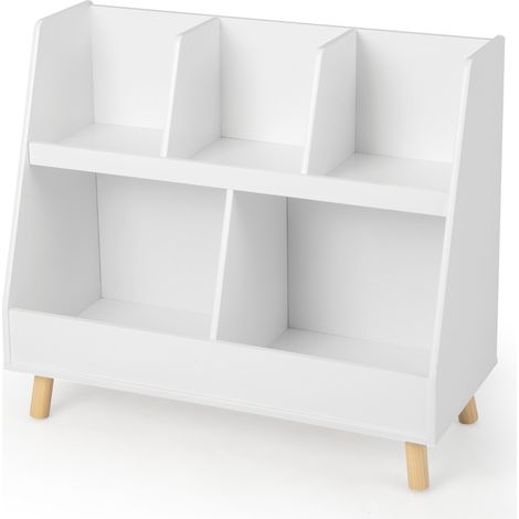 Libreria per bambini a 5 cubi con gambe in legno e kit antiribaltamento, Organizzatore per giochi per asilo nido Bianco (1/4)