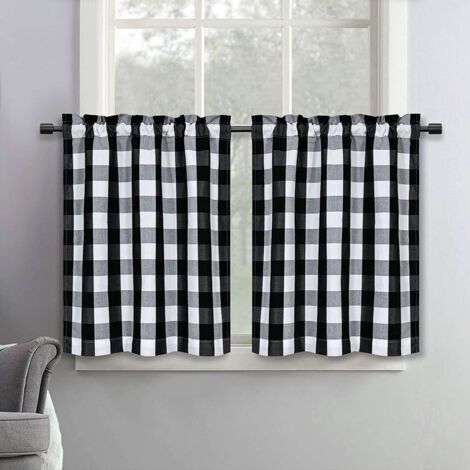 Set aus 2 weißen und schwarzen Küchencortinas, 60 x 90 cm, abwaschbar, lichtdurchlässig, leicht, mit Griffen für die Bar und rostfrei. (1/5)