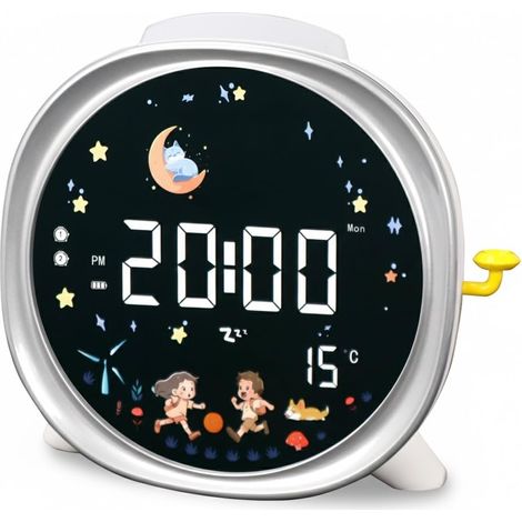 Kinderwecker – Nachtlicht für Schlafzimmer – LED-Digitalanzeige – USB-C-Ladeanschluss – einstellbare Helligkeit – Dual-Alarm – Sonne und Mond – Nachttisch