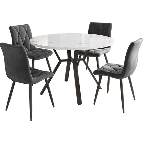 Ensemble table à manger ronde en MDF effet marbre avec 4 chaises en velours gris (1/5)