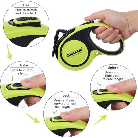 Laisse Chien Enrouleur pour Gros Chien Jusqu'à 50kg, Ruban en Nylon Solide Extensible à 5M, Rétractable avec Coutures réfléchissantes Lumineuses, Frein à Une Main, Pause, Verrouillage (Vert) (1/4)