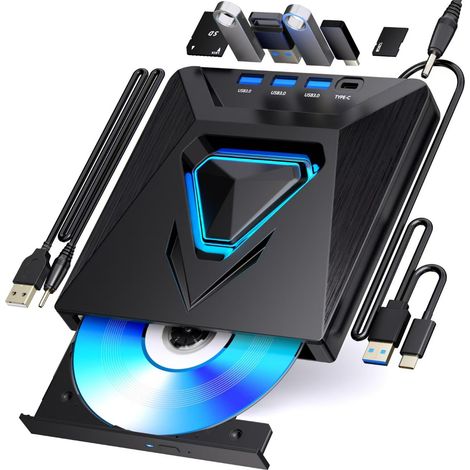 Graveur Dvd Externe 8 En 1 - Hub Usb Type C - Lecteur Optique 8x - Compatible Pc Portable - Noir Avec Effet Rgb (1/5)