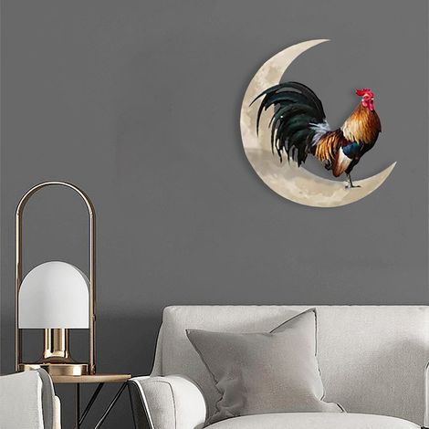 Metall-Wanddekoration für den Innen- und Außenbereich, Hahn und Mond, hängendes Metallschild (Tasche), 30 cm, Bildfarbe. (1/5)