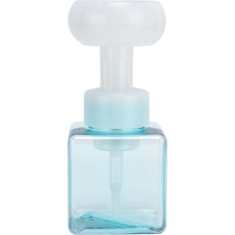 Flacon mousseur 250ml PETG transparent bleu pour packaging cosmétique, distributeur de mousse fleur, bouteille carrée