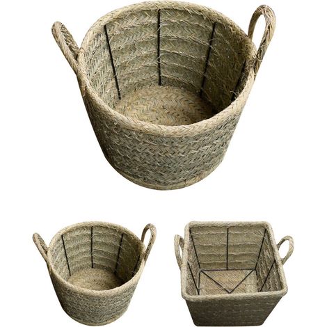 Cesta de Esparto Artesanal con Asas y Estructura Metálica - Diseño Redondo y Cuadrado Redondo Pequeño - (1/5)
