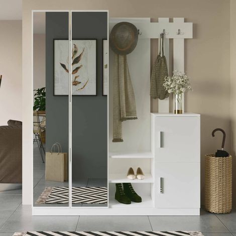 Hene Garderobe mit Spiegel, 16-24 Paar, 8 Regale, 147x38x180 cm, Weiß (1/4)