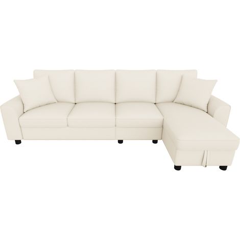 Canapé d’angle moderne en chenille en L 3 places + méridienne, méridienne avec rangement rabattable, dossier rabattable avec porte-gobelets, canapé modulaire multifonctionnel, beige, 280×136×82 cm (1/5)