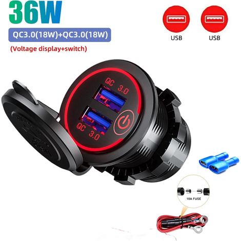 Prise de charge double USB 36 W, adaptateur de charge rapide étanche 12 V/24 V QC3.0 avec interrupteur pour voiture, bateau, moto et camping-car (1/5)