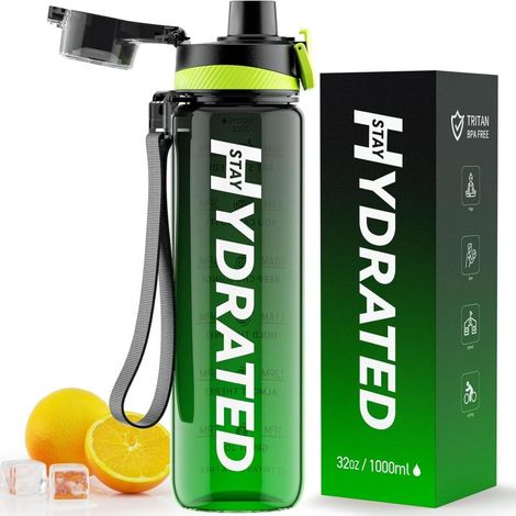 Gourde Fitness Motivante 1L – Graduations Horaires, Large Ouverture – Tritan Sans BPA, Étanche – Pour Sport et Plein Air – Verte (1/5)