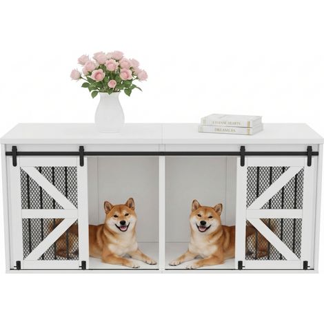 Gabbia per 2 cani da interno 160x60x75 cm MDF e metallo bianca con porte scorrevoli TV - CHICFURN (1/5)