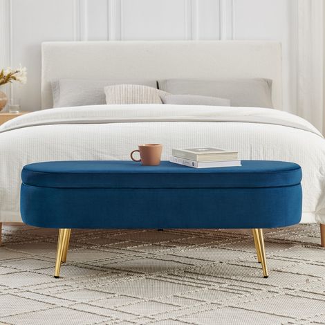 Banc multifonction rangement bleu velours bois massif pied métal 110x40x42 20L entrée salon chambre (1/5)