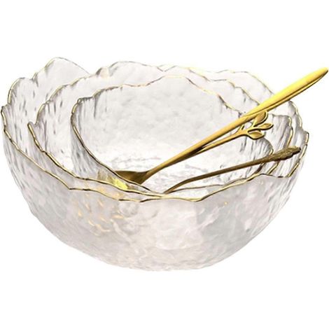Saladier en verre de forme irrégulière avec bordure dorée, transparent, idéal pour les salades, les fruits, les soupes et les desserts. (1/5)
