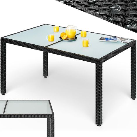 Table de jardin en polyrotin noir Casaria 150x90x75 cm, plateau verre dépoli 5 mm, cadre acier allié, pieds réglables, charge max 80 kg (1/4)