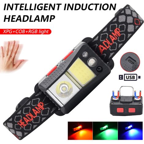 Lampe Frontale - Rechargeable USB -Etanche - Induction intelligente lumière rouge, bleue et verteVelo Randonnee Camping Pêche Bricolage ([ NOIR ]) [Classe énergétique A] (1/5)
