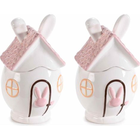 Set 2 Barattoli per Dolci e Alimenti in Ceramica a Forma di Casetta con Coniglio (1/3)