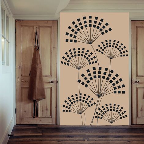 Papier peint géométrique 250 cm X 150 cm, style graphique avec fleurs pissenlits en éventails. (1/4)
