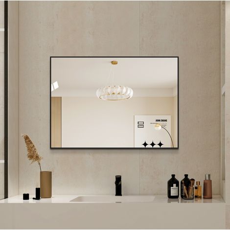 Miroir de salle de bain 50x70 cm avec cadre en aluminium noir, verre miroir HD sans cuivre, montage horizontal et vertical (1/5)