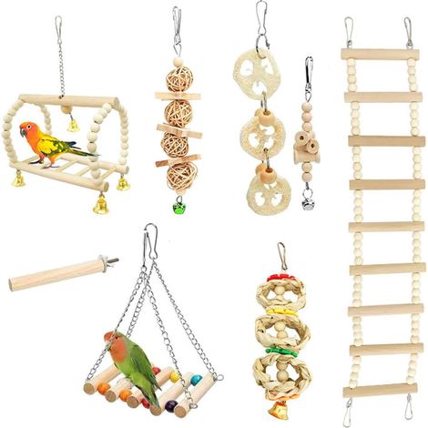 Jouets pour Oiseaux, Lot de 8 Jouet Perruches Ondulées, Balançoire, Échelle en Bois, Cloches, Jouets à Mâcher et Jeux pour Perruches, Perroquets, Calopsittes (Petite et Moyenne Taille) (1/5)