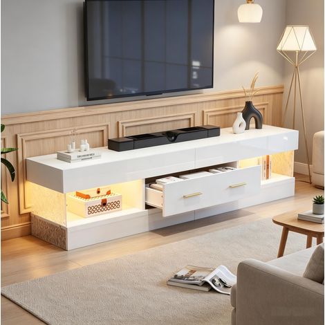 Meuble TV avec éclairage LED 152cm –1 tiroirs – 2 Étagères de rangement –Panneau de particules et panneau en verre acrylique (1/5)