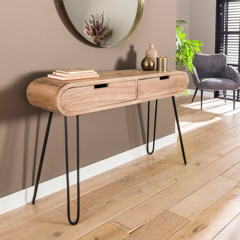 M&S – Console 2 tiroirs 120x30x76 cm en manguier et métal – Piètement incurvé – Couleur naturelle et noire – Meuble élégant pour entrée ou séjour
