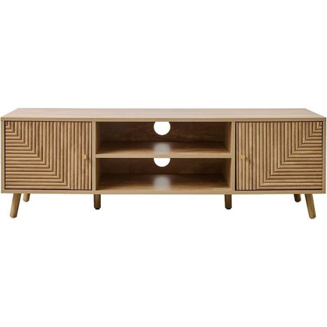 Calicosy – Meuble TV 2 portes avec façades lamellées – Niche centrale avec tablette – 140 cm x 40 cm x 45 cm – Boutons or mat – 6 pieds bois décor (1/5)