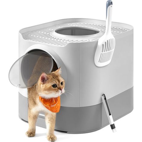 Bac à Litière, Litière pour Chat XXL, avec Couvercle, Plateau Amovible, Pelle, Brosse, pour des Chats de Tailles Différentes, Moins de Traces, Gris Tourterelle et Gris Clair (1/5)