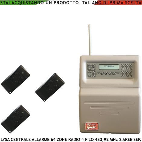 Centrale Allarme Radio Filo Lysa GSM Sydra 100 Zone Radio 433,92 MHz 16 Zone Filo 3 Aree 2 Radiocomandi Bidirezionali 4 Canali Memoria Eventi App Android Codici Utente e Tecnico GSM Ascolto Ambientale (1/5)