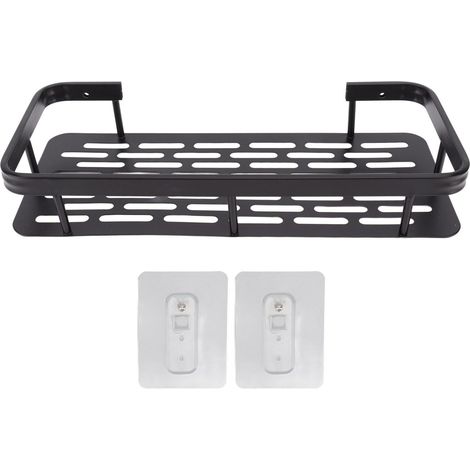 Étagère de douche à un niveau en aluminium durable antirouille, installation facile avec autocollant, pour salle de bain, chambre, cuisine, noir (1/5)