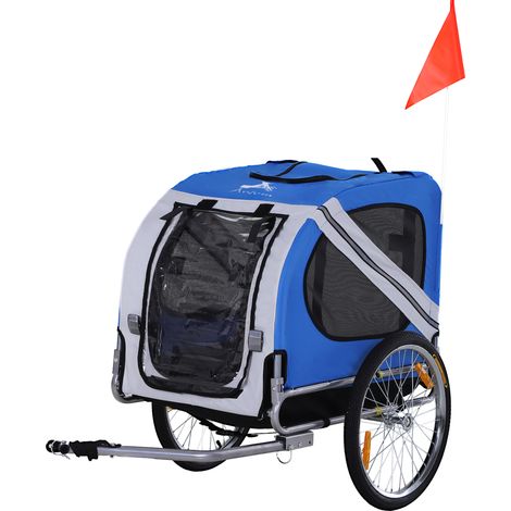 Remorque vélo pour chien animaux 8 réflecteurs drapeau barre attelage 130 x 73 x 90 cm blanc bleu