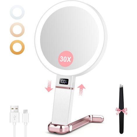 Miroir Maquillage Lumineux 30X/1X, Miroir Grossissant de Voyage Portable et Pliable, Réglable en Hauteur, Écran Numérique, Support Téléphone, Intensité Réglable, Or Rose (1/5)
