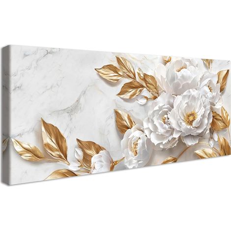 Cadre en Bois Impression sur Toile Peinture Marbre Pivoines Blanches Tableau Floral Feuilles D'or Image sur Toile Grandes Tableau Decoration Murale Salon Chambre Restaurant Hôtel 50x120cm (1/5)