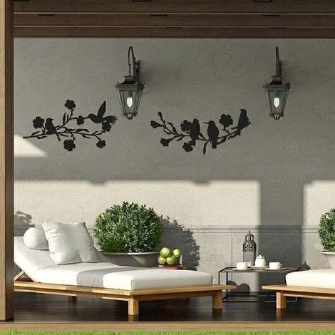 Set di 2 uccellini innamorati su un ramo di metallo, decorazione per albero, parete, ornamento da giardino esterno, statue di uccelli per cortile, resistenti alle intemperie, nere (1/3)