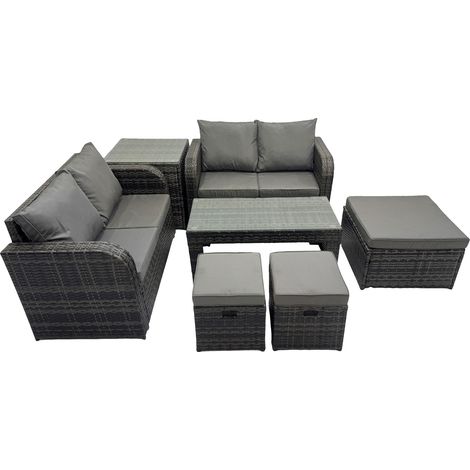Fimous 3 Seater Sofa Reclining Chair Coffee Table Set Rattan Garden Outdoor Furniture Set with Side Table 3 Stools Dark Grey Mixed (1/5)