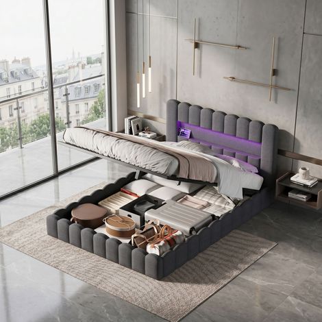 Comanlai - Lit double 160x200 cm avec éclairage LED et Type-C et USB, Lit capitonné avec coffre de rangement avec sommier à lattes en bois, lin (Gris, 160x200 cm) (1/5)