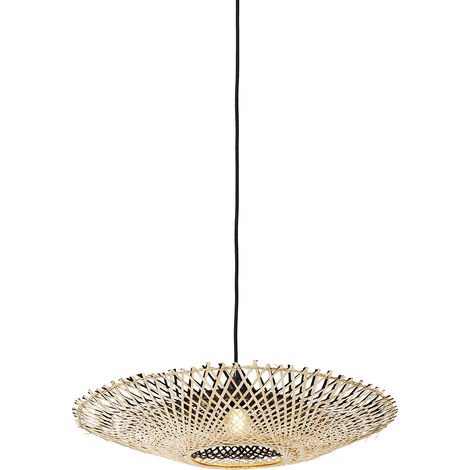 QAZQA Lampada a sospensione rina - Orientale - Bamboo,Acciaio - Legno/Nero - Tondo Max. 1 x Watt