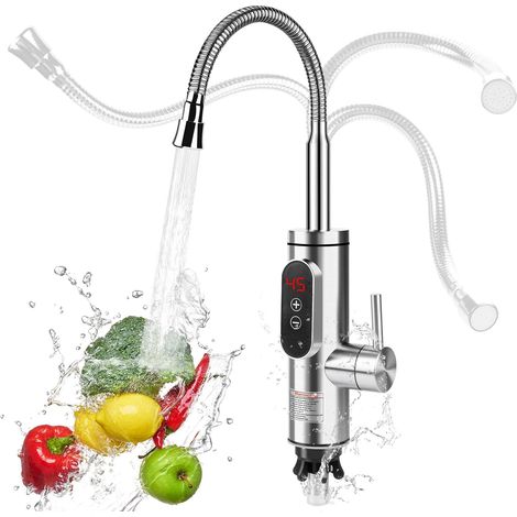 Instant electric water heater, 220V 3300W hot water tap, kitchen tap, smart water heater, water heater for kitchen, garden, bathroom, caravan, camping, silver (1/5)