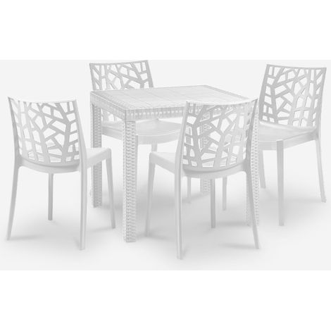 Set tavolo giardino esterno 80x80cm rattan 4 sedie bianco Nisida Light